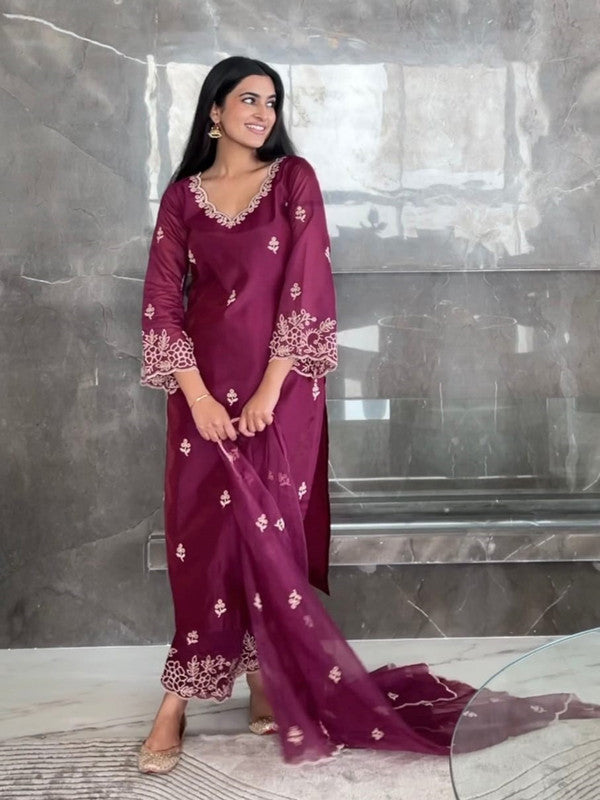 Women's Viscose silk Embroidered Straight Kurta Pant With Dupatta