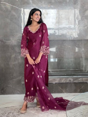 Women's Viscose silk Embroidered Straight Kurta Pant With Dupatta-ME61 Nryn-wine01