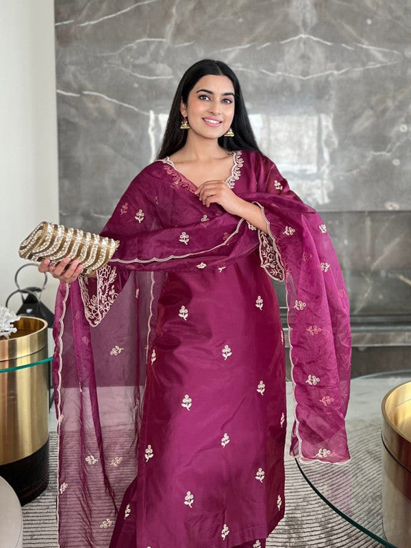 Women's Viscose silk Embroidered Straight Kurta Pant With Dupatta