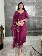 Women's Viscose silk Embroidered Straight Kurta Pant With Dupatta-ME61 Nryn-wine