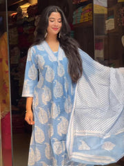 Women's Viscose Printed Straight Kurta Pant With Dupatta-ME66-SPLS-sky-KPD