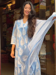 Women's Viscose Printed Straight Kurta Pant With Dupatta-ME66-SPLS-sky-KPD