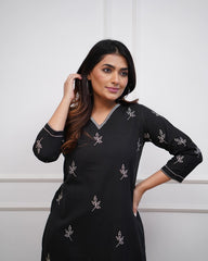 Women's Viscose Floral Embroidered Straight Kurta Set With Pant-ME72 Blackctn-KP