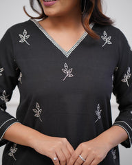 Women's Viscose Floral Embroidered Straight Kurta Set With Pant-ME72 Blackctn-KP