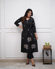 Women's Viscose Floral Embroidered Straight Kurta Set With Pant-ME72 Blackctn-KP