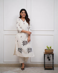 Women's Viscose Floral Embroidered Straight Kurta Set With Pant-ME72 whitectn-KP