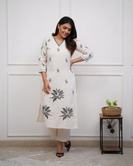 Women's Viscose Floral Embroidered Straight Kurta Set With Pant-ME72 whitectn-KP
