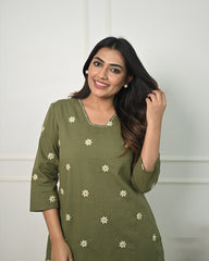 Women's Cotton Floral Embroidered Straight Kurta Set With Pant-ME73-Mhendiwork-KP