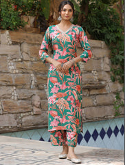 Women's Viscose Floral Printed Straight co-ord set-ME74-grnpink-codset