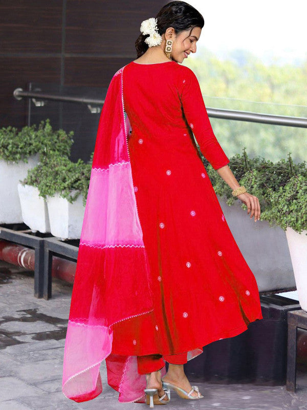 Women's Viscose Embroidered Angarkha Kurta Pant With Dupatta