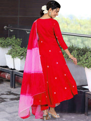 Women's Viscose Embroidered Angarkha Kurta Pant With Dupatta-ME77-RED
