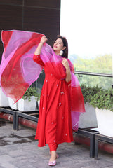 Women's Viscose Embroidered Angarkha Kurta Pant With Dupatta-ME77-RED