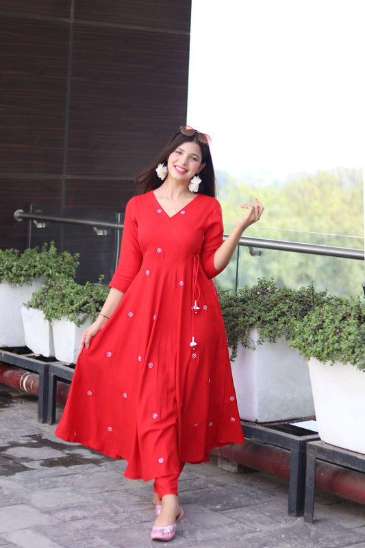 Women's Viscose Embroidered Angarkha Kurta Pant With Dupatta