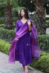 Women's Viscose Embroidered Angarkha Kurta Pant With Dupatta-ME77-purple