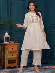 Women's Cotton Embroidered Flared Kurta Pant With Dupatta-ME93-Borar01
