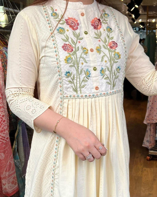 Women's Cotton Embroidered Flared Kurta Pant With Dupatta