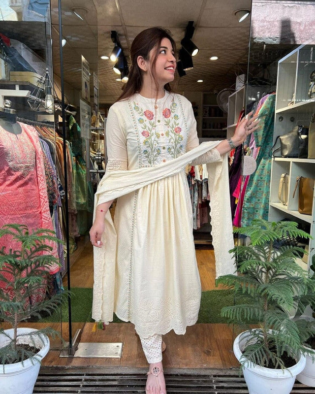 Women's Cotton Embroidered Flared Kurta Pant With Dupatta-ME93-Borar