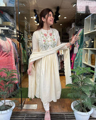 Women's Cotton Embroidered Flared Kurta Pant With Dupatta-ME93-Borar
