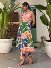 Women's Viscose Floral Printed Anarkali Kurta With Pant Set-ME96-Lmpinkco-set