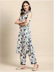 Women's Viscose Floral Printed Straight Kurta With Pant Set-ME97-KP-whtgry-lmb