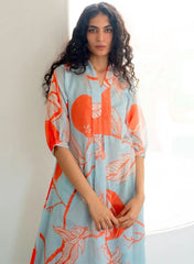 Women's Viscose Floral Printed Flared Kurta With Pant Set-ME98 sky dadam