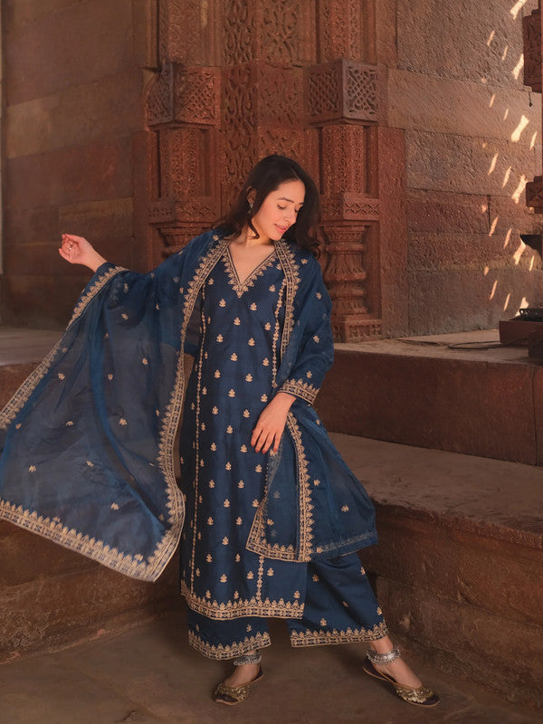 Women's Viscose silk Floral Embroidered Straight Kurta Palazzo With Dupatta