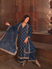 Women's Viscose silk Floral Embroidered Straight Kurta Palazzo With Dupatta-ME99 nrynblueSKD