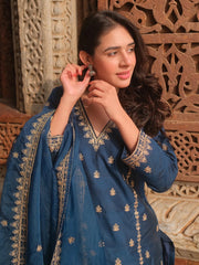 Women's Viscose silk Floral Embroidered Straight Kurta Palazzo With Dupatta-ME99 nrynblueSKD