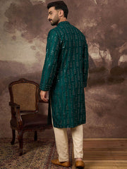 Ethnic Bay Men Teal Silk Blend Solid Embroidered Straight Kurta With Pant Set-MKSET1357