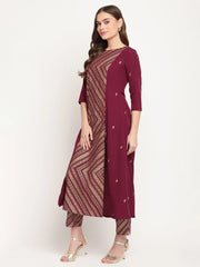 Wine Crepe Gold Glitter Print Kurta Trouser Set-AHKUPN-COMBO-367