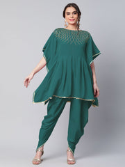 Dark Green Glitter Printed Kurta with Dhoti Pants-AHKUDH-COMBO-466