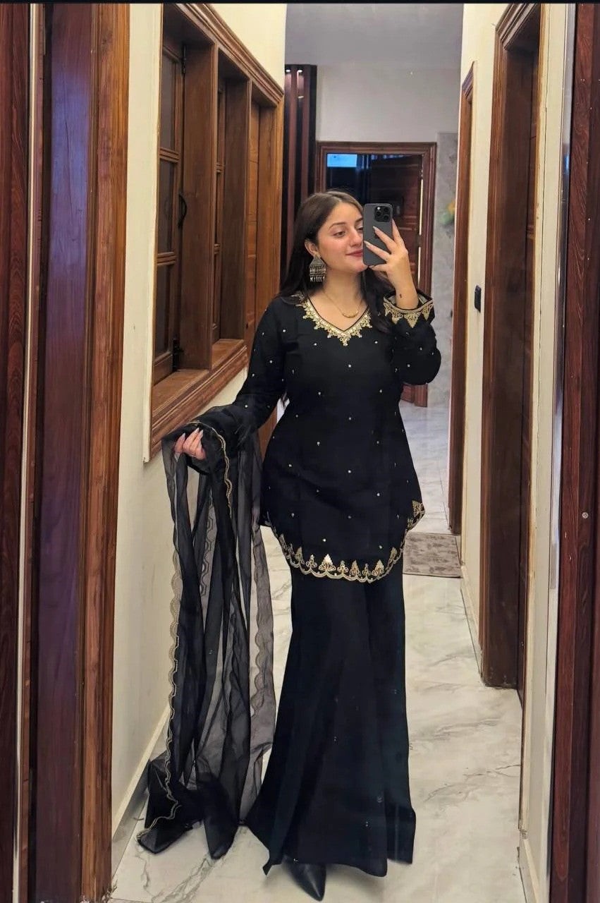 Crepe Kurta Set for Women - Black | MLWSHKS8918BLK