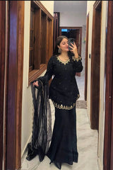 Crepe Kurta Set for Women - Black | MLWSHKS8918BLK