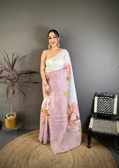 Linen Saree for Women - White | MLWSHSA9133WHT