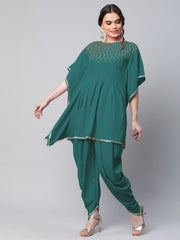 Dark Green Glitter Printed Kurta with Dhoti Pants-AHKUDH-COMBO-466