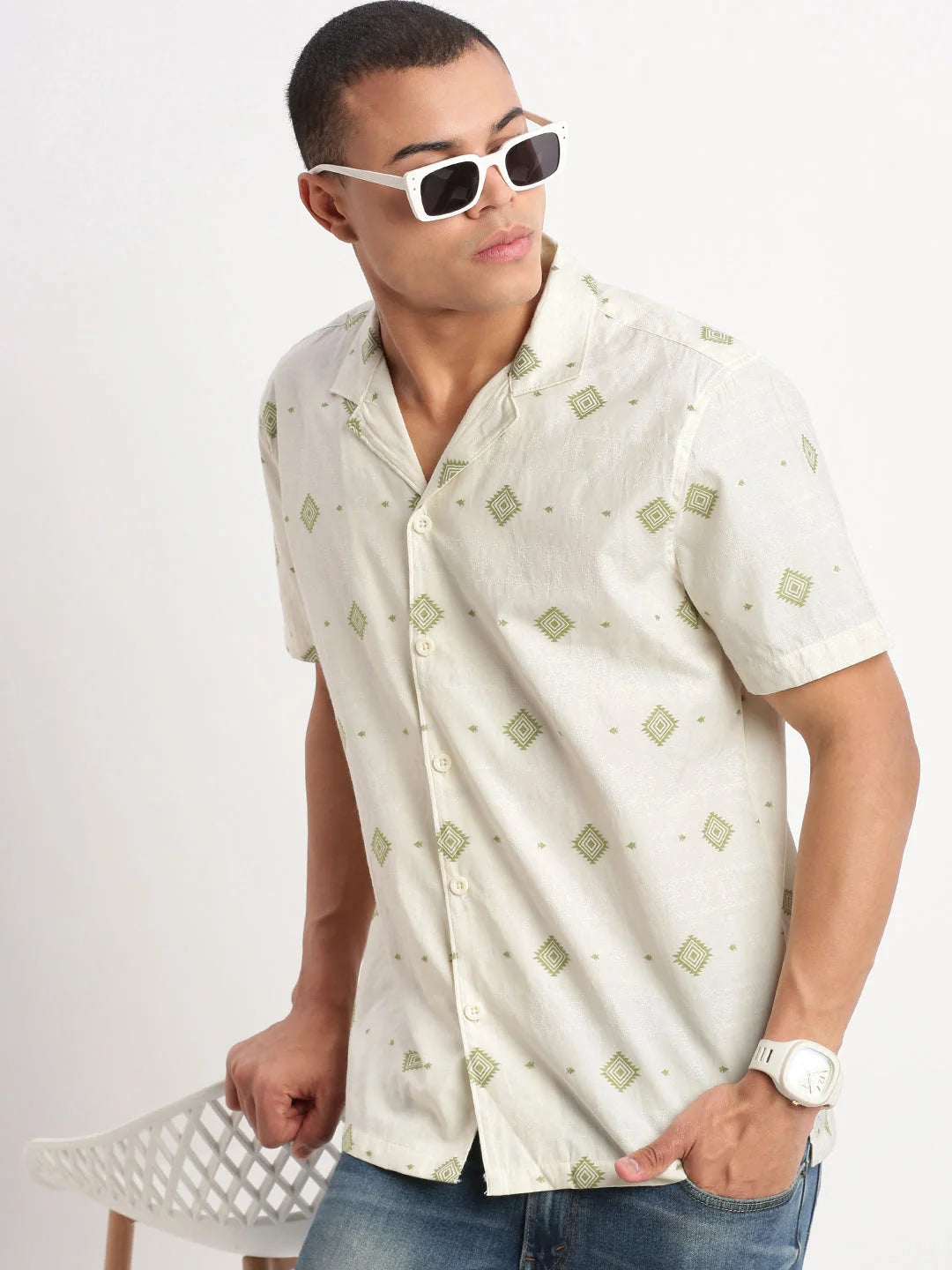 Trendy Geometric Cream Cuban Collar Mens Shirt | DesiQlo