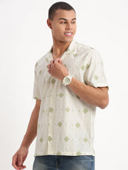 Men Cuban Collar Geometric Cream Shirt-Rippon-2346-Cream