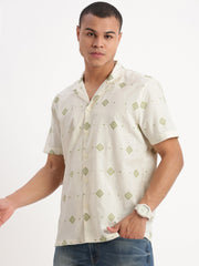Men Cuban Collar Geometric Cream Shirt-Rippon-2346-Cream