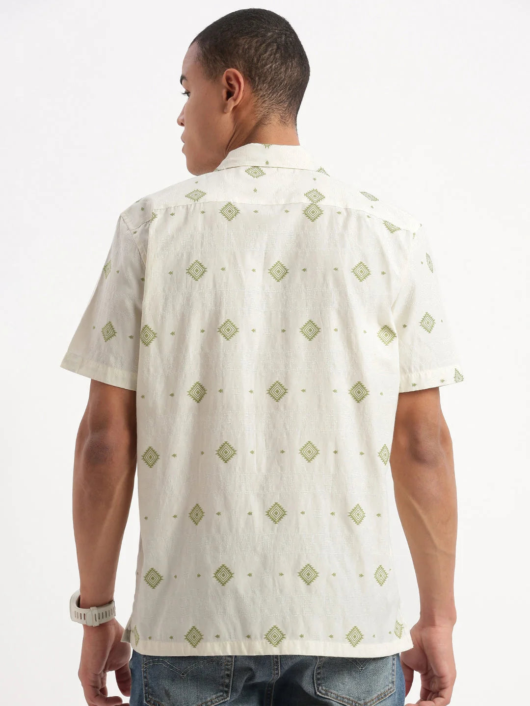 Trendy Geometric Cream Cuban Collar Mens Shirt | DesiQlo