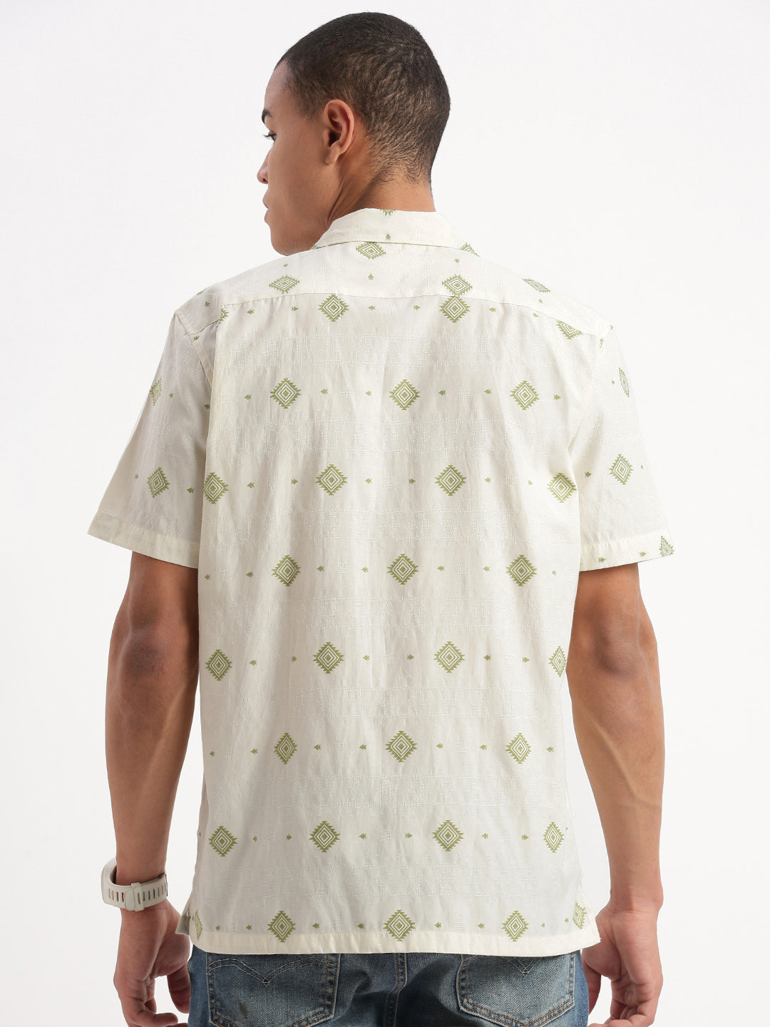 Geometric Cream Cuban Collar Mens Shirt | DesiQlo