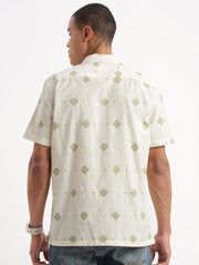 Men Cuban Collar Geometric Cream Shirt-Rippon-2346-Cream