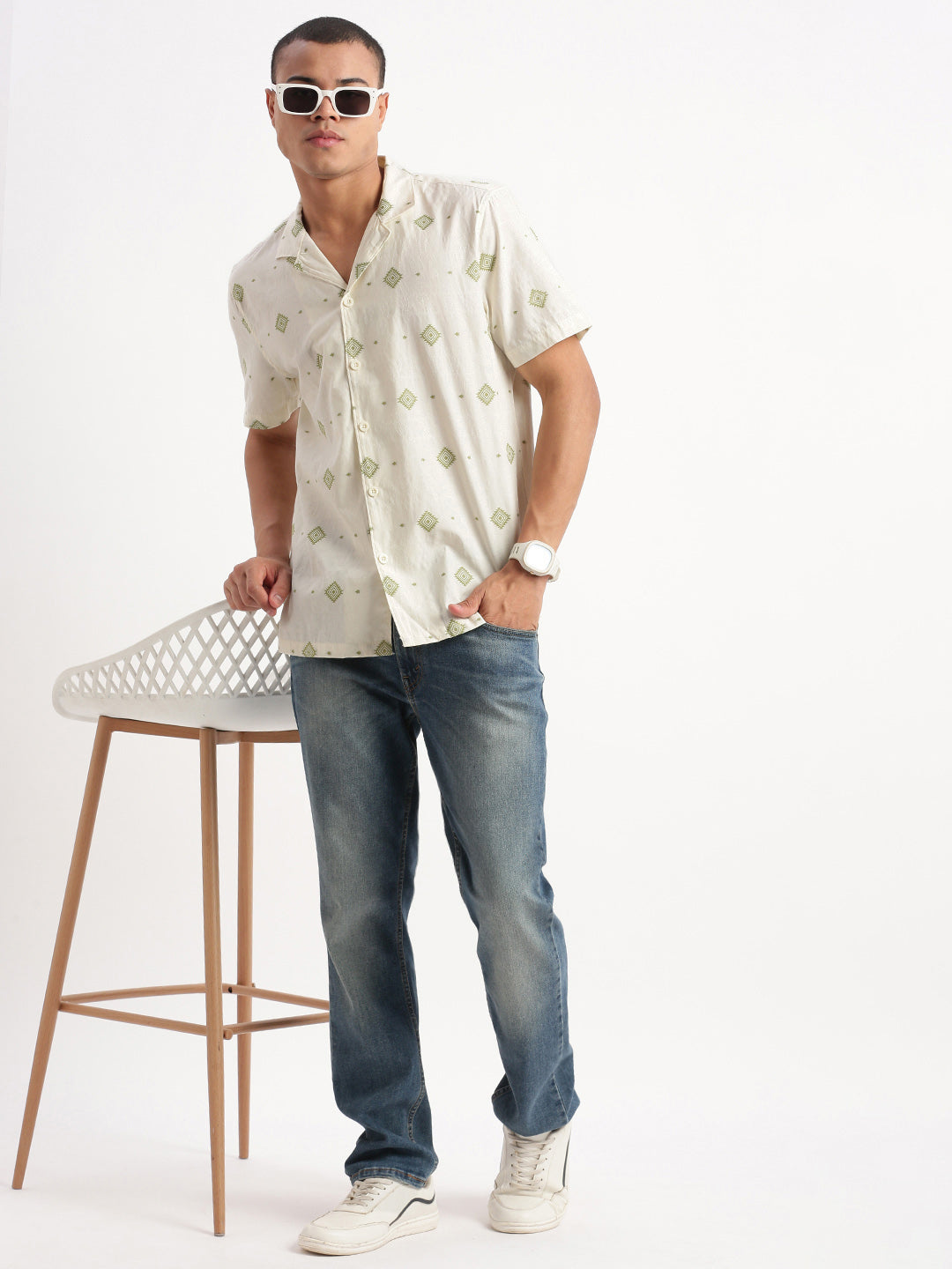 Geometric Cream Cuban Collar Mens Shirt | DesiQlo