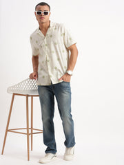 Men Cuban Collar Geometric Cream Shirt-Rippon-2346-Cream