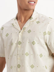 Men Cuban Collar Geometric Cream Shirt-Rippon-2346-Cream