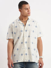 Men Cuban Collar Geometric Cream Shirt-Rippon-2347-Cream