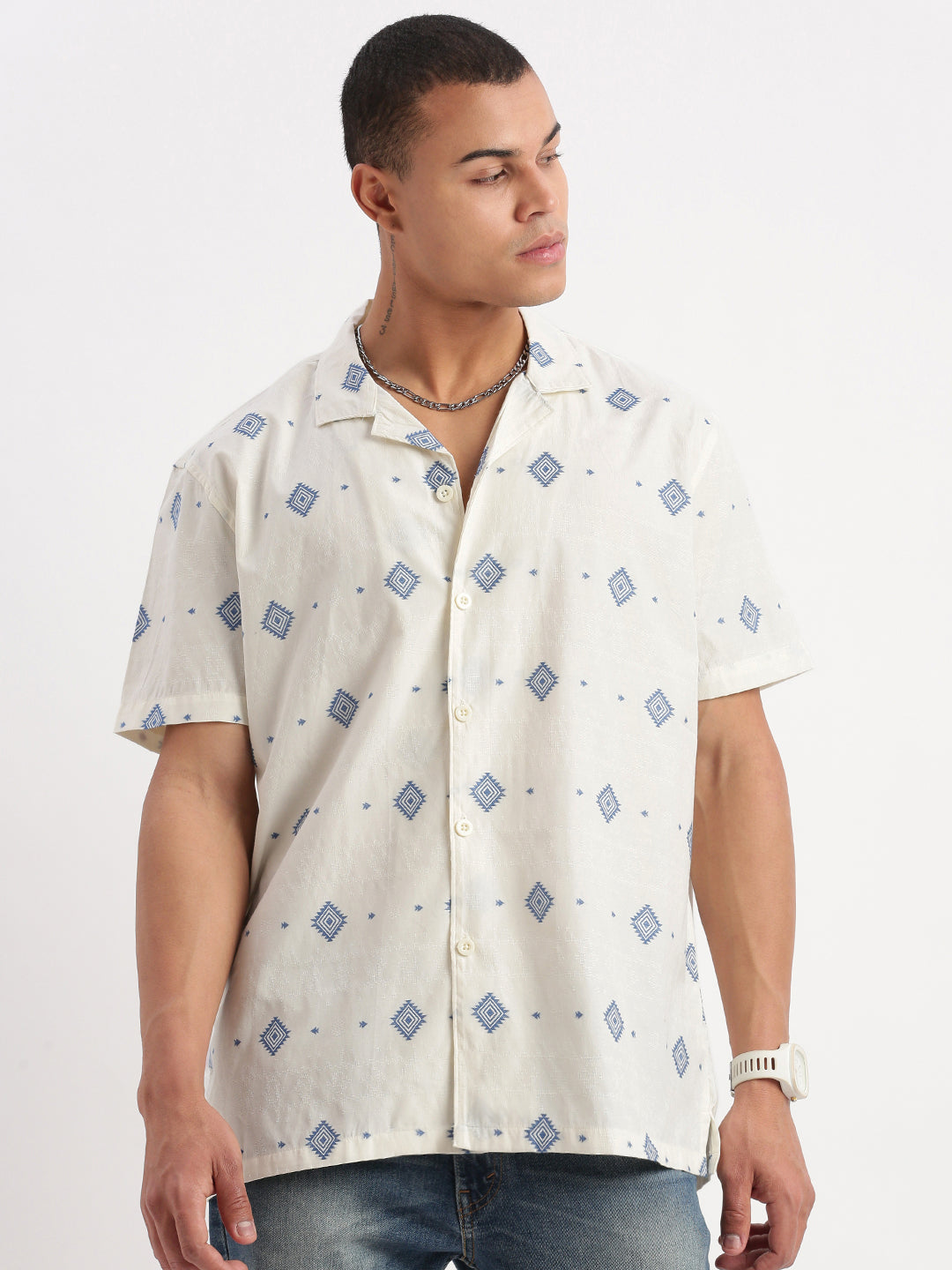Geometric Cream Cuban Collar Mens Shirt | DesiQlo 