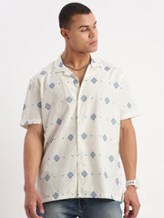 Men Cuban Collar Geometric Cream Shirt-Rippon-2347-Cream