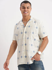 Men Cuban Collar Geometric Cream Shirt-Rippon-2347-Cream