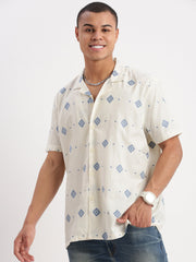 Men Cuban Collar Geometric Cream Shirt-Rippon-2347-Cream