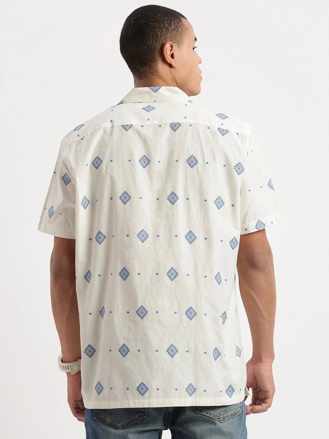 Shop Geometric Cream Cuban Collar Mens Shirt | DesiQlo
